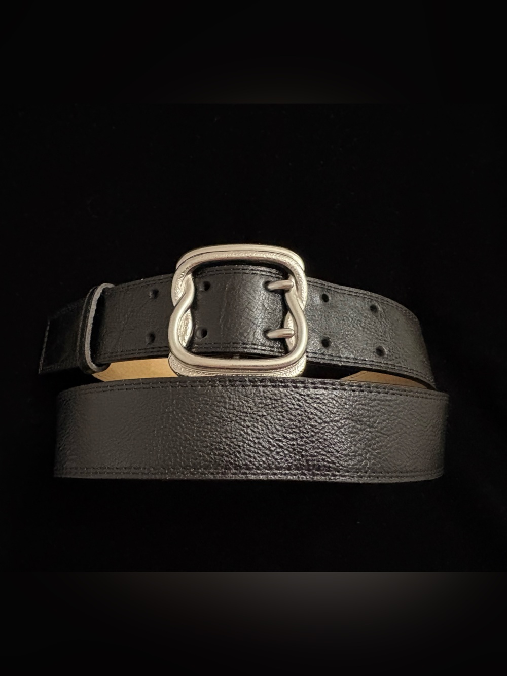 Black Genuine Leather Belt w/ Dbl Pronged Intertwined Silver-toned Buckle Sz Lg